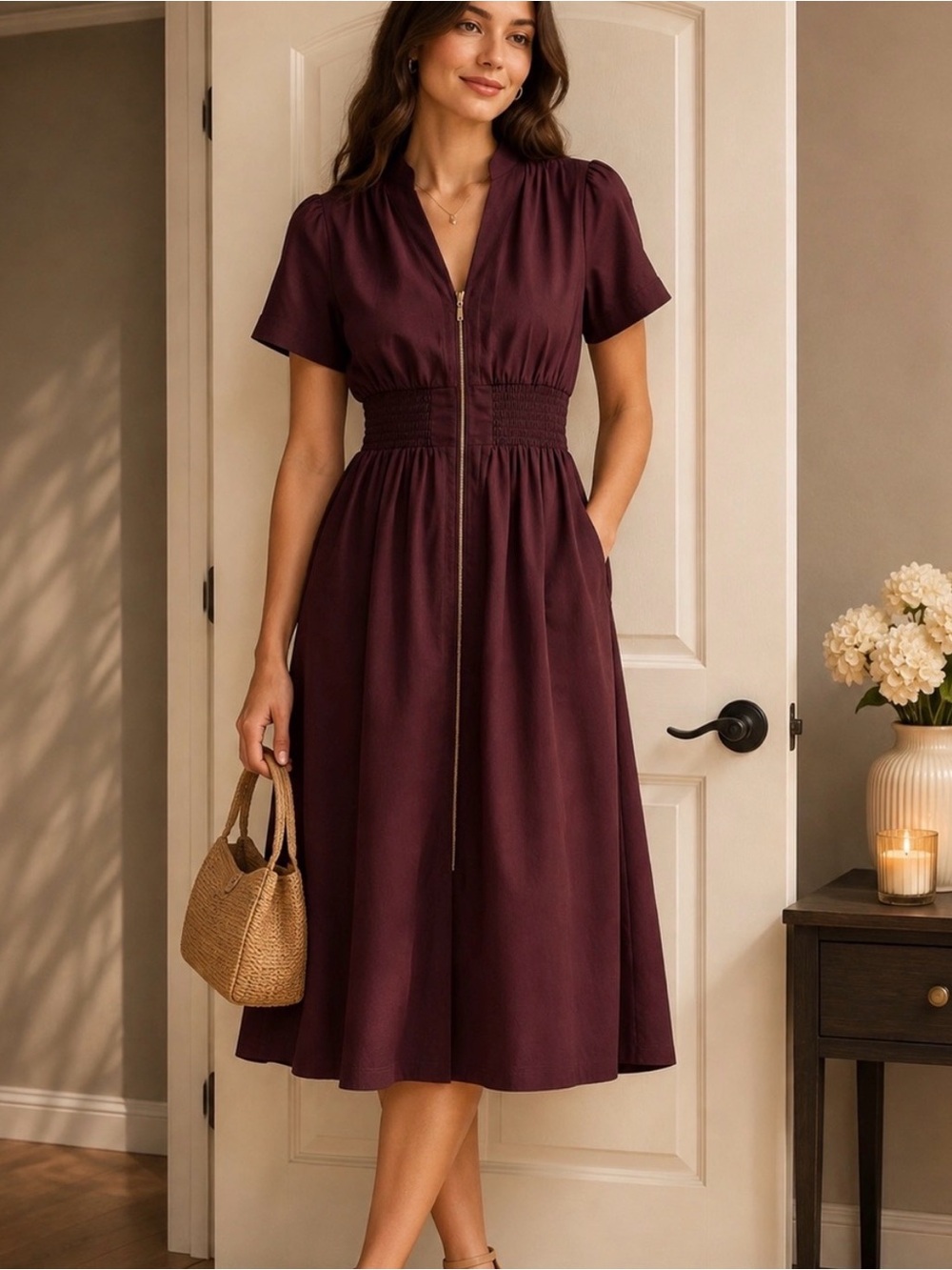 Nine West Burgundy Zip-Front Midi Dress